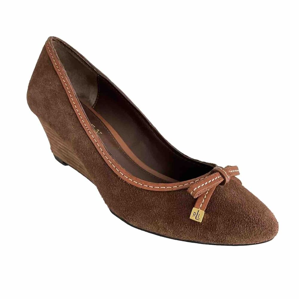 Lauren Ralph Lauren Suede Almond Toe Bow Front Wedge Brown 9.5